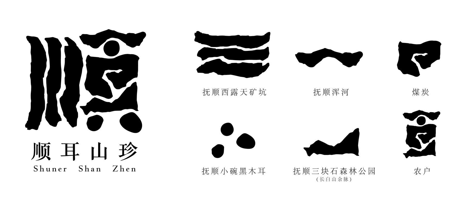 顺耳山珍标志，以及矿坑、浑河、煤炭、木耳、森林和农户符号